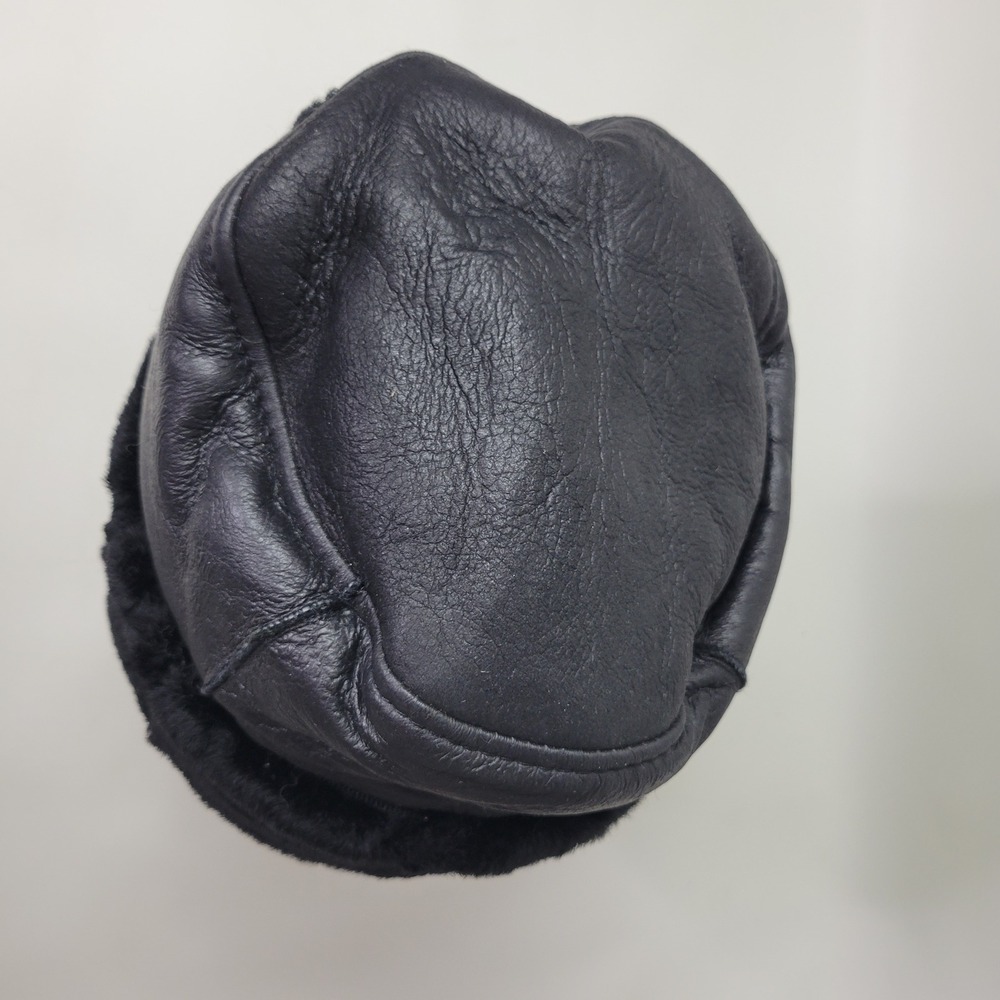 Black Sheepskin Leather Cossack Hat Shearling Trim Winter Pillbox Cap Medium - Picture 5 of 7